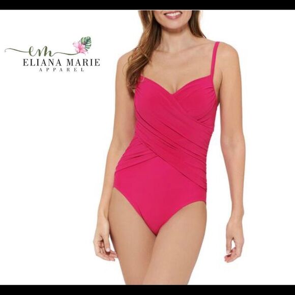 Eliana Hot fuchsia pink wrap front one piece swimsuit Sz 14 - Picture 1 of 9